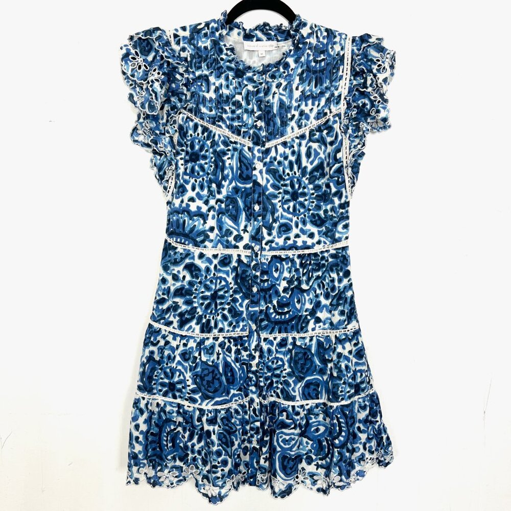 House of Harlow 1960 Eyelet Ruffle Dress Blue White Floral Button Down Medium